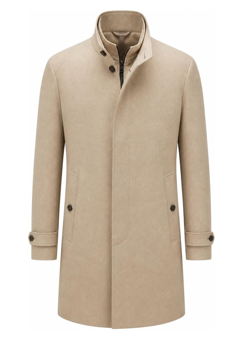 Sand-beige technical wool overcoat, rotating 360-degree product view