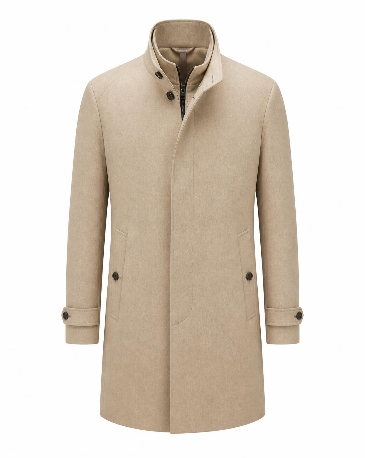 Sand-beige technical wool overcoat, front view